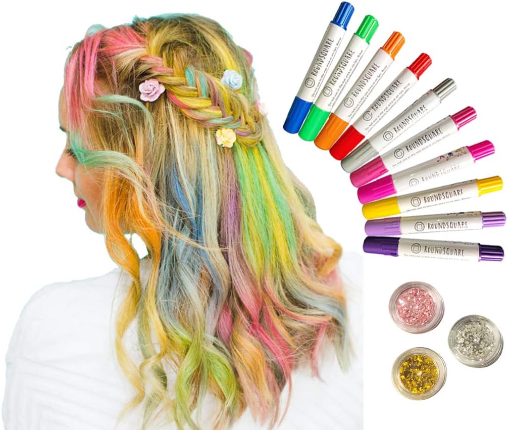 Kids Jumbo Hair Chalk Pens Temporary Washable - 10 Colors + 3 Glitters - Non-Toxic and Safe for Girls by ROUNDSQUARE