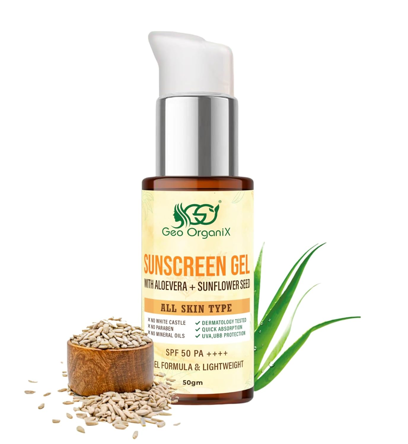 Geo OrganiX Sunscreen Gel with Aloevera & Sunflower seeds | All Skin Type (50g)