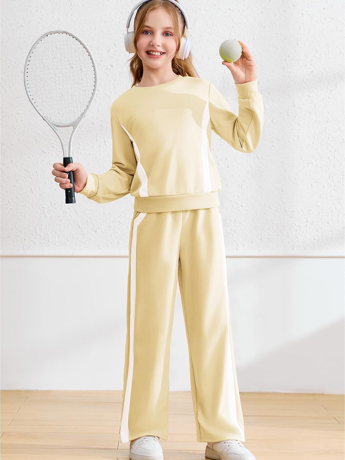 Haloumoning Girls 2 Piece Fall Outfits Color Block Sweatshirt and Elastic Wide Leg Sweatpants Clothing Sets 5-14 Years