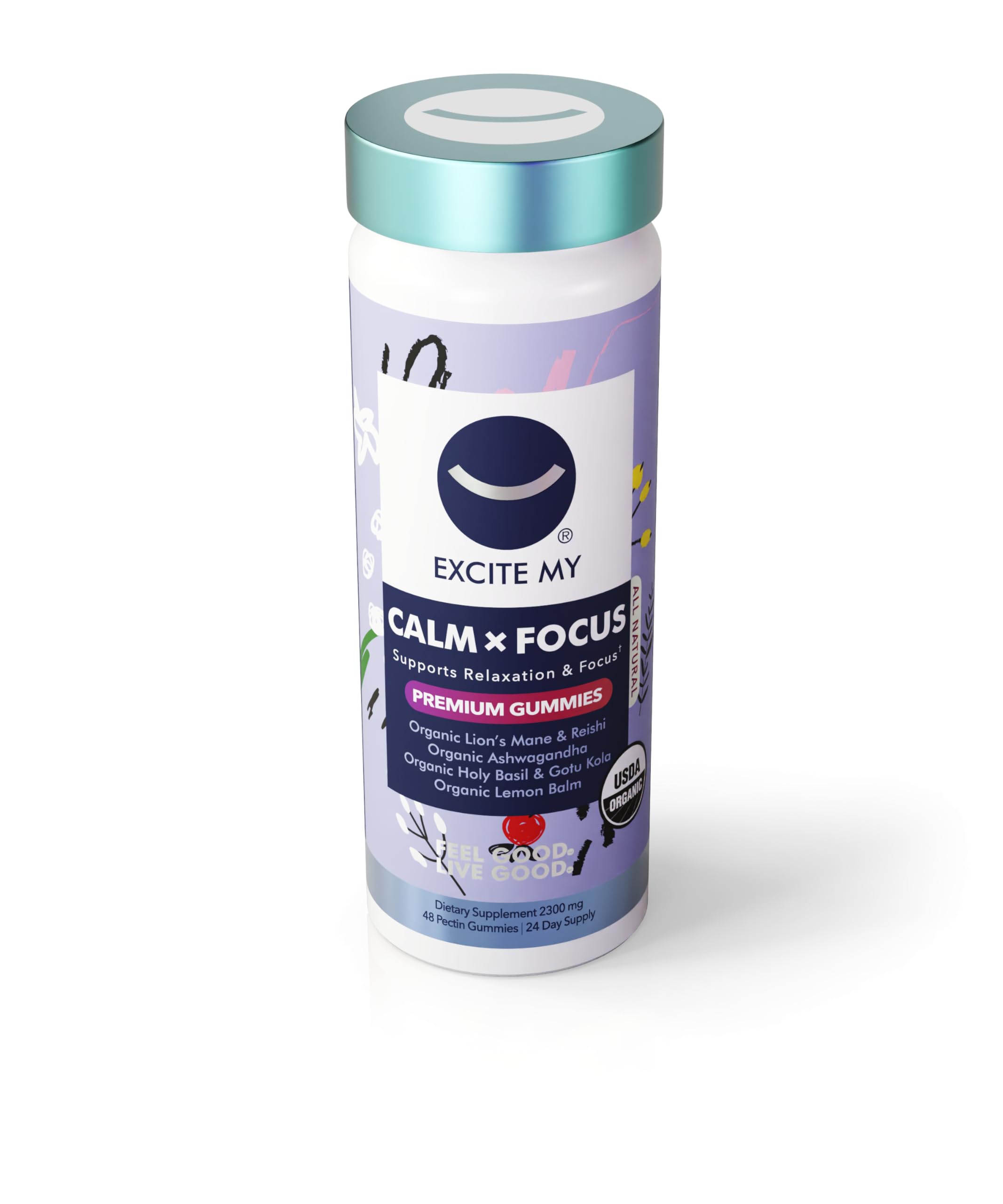 Calm x Focus Organic Gummy Vitamins, Mushroom Gummies, Ashwagandha Gummies 2300mg + USDA, Certified Kosher, Vegan, Organic Lion's Mane, Organic Reishi, Organic Gotu Kola, Lion's ManeUSDA Organic