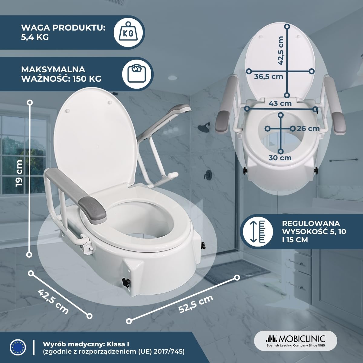 Muralla, Podnośnik do WC z podłokietnikami, Podnoszona deska, Adapter do WC dla seniorów, Regulacja wysokości od 5 do 15 cm, Uchylne, składane podłokietniki