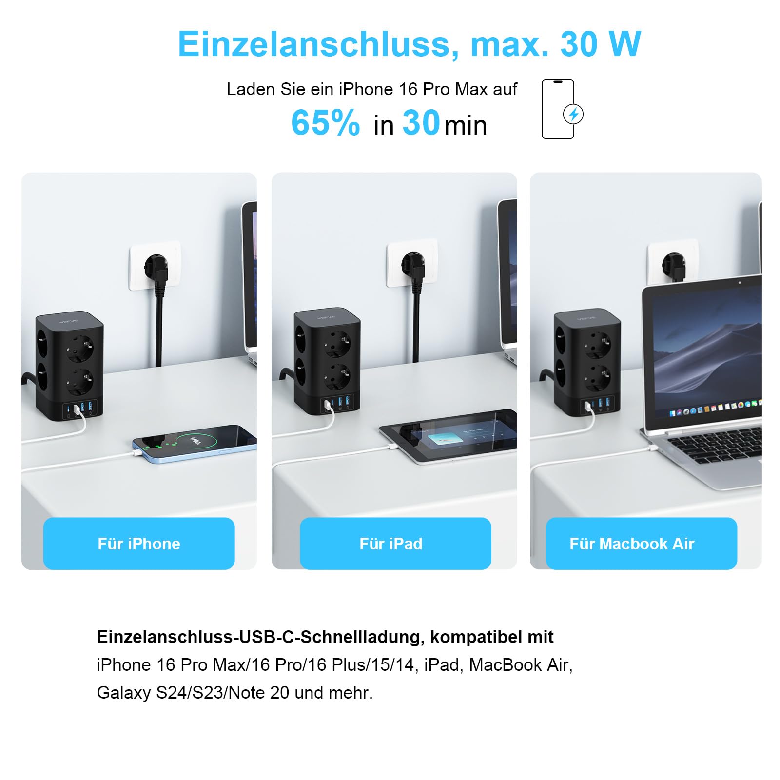 VEFVE Mehrfachsteckdose ohne Kabel, 7-in-1 Steckdosenwürfel, Steckdosenadapter mit USB