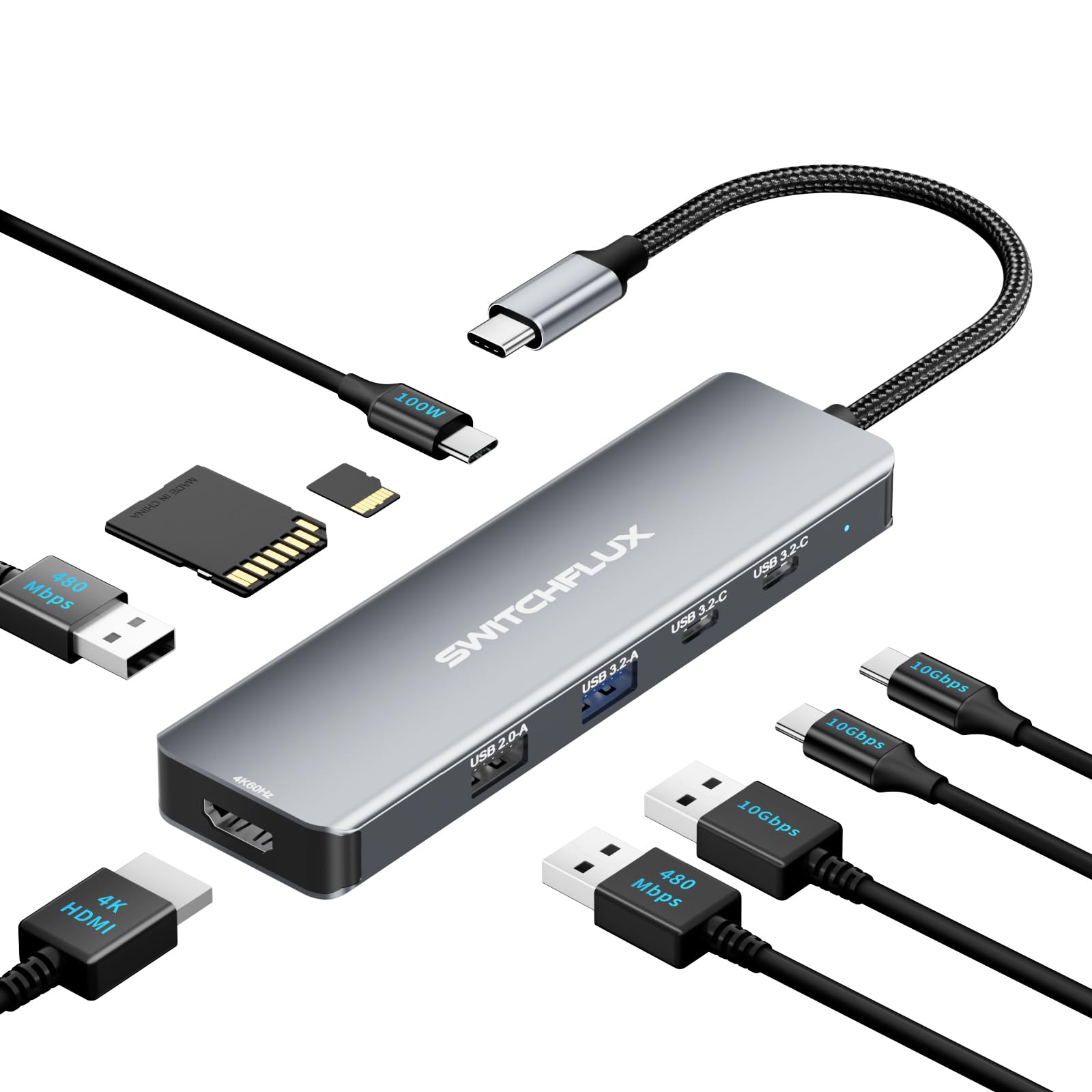 Hub USB C 9 in 1, adattatore da USBC a HDMI 4K a 60Hz, alimentazione 100W 100W, USB C e USB A, lettore di schede SD/TF, adattatore multiporta USB C per MacBook Pro/Air, iPad Pro, laptop