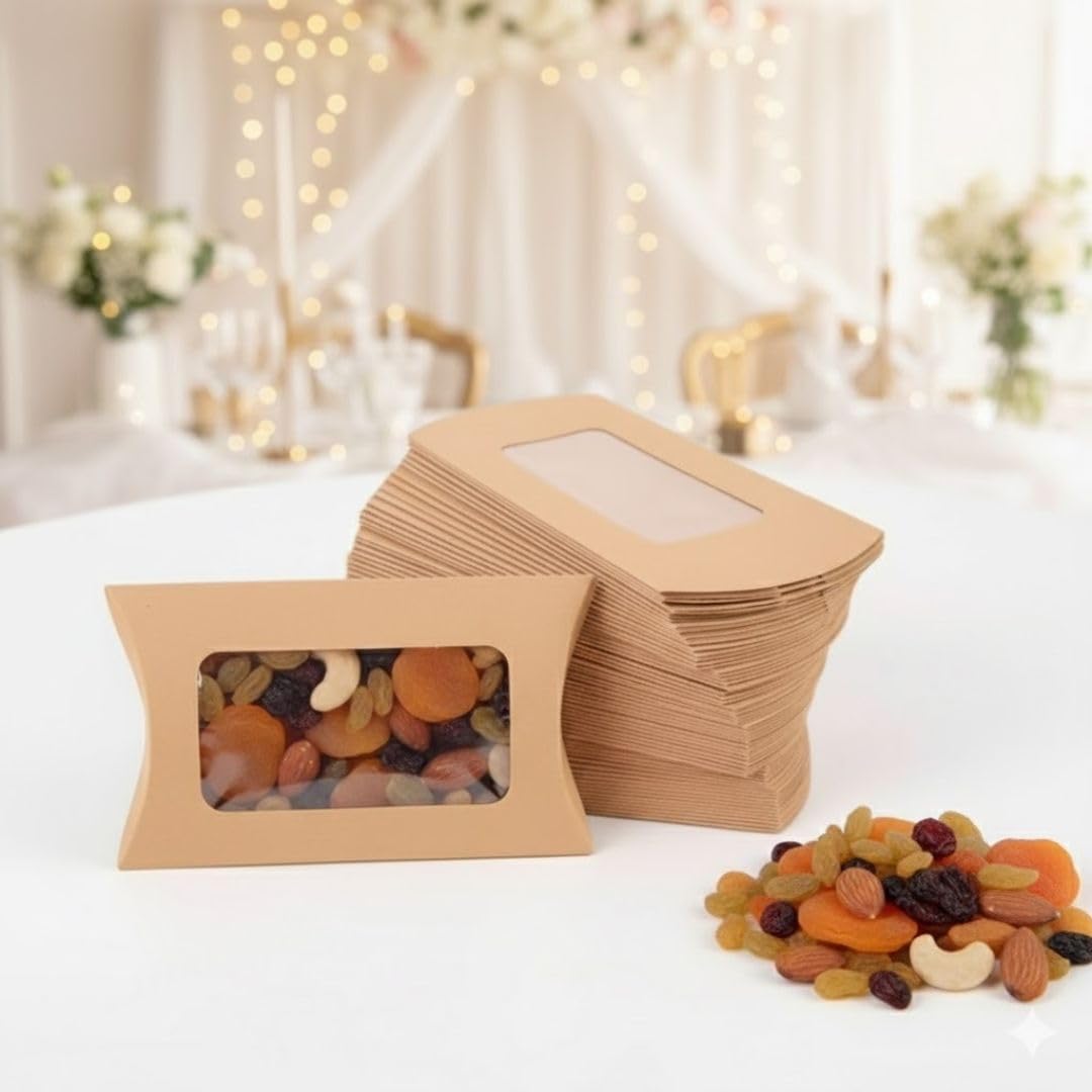 SATYAM KRAFT 50 Pcs Brown Small Paper Pillow Gift Boxes with Transparent Window | Folding Boxes for Diwali,Deepawali, Baby Shower Chocolates, Dry Fruits, Mithai, Wedding Return Gifts, Festive Hampers
