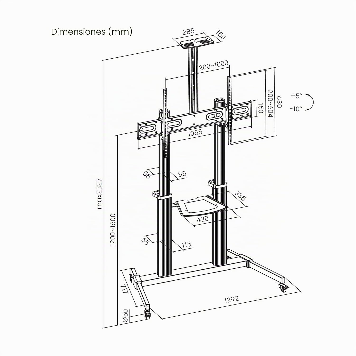 AISENS Soporte de Suelo Pro con Ruedas Bandeja DVD/Cámara para Monitor/TV 100Kg 60-100 Negro/Plata