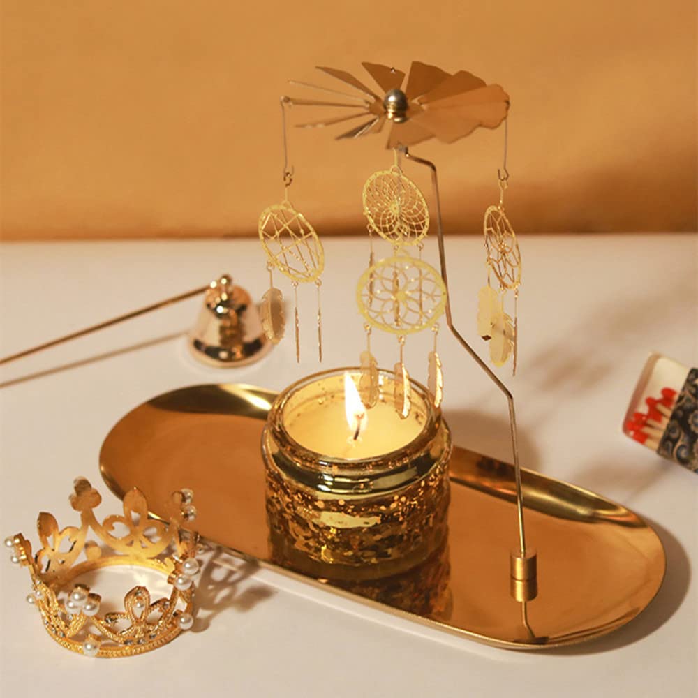Portavelas giratorio con bandeja, portavelas de metal dorado para Navidad, día de San Valentín, decoración de fiesta y regalo (atrapasueños) 5