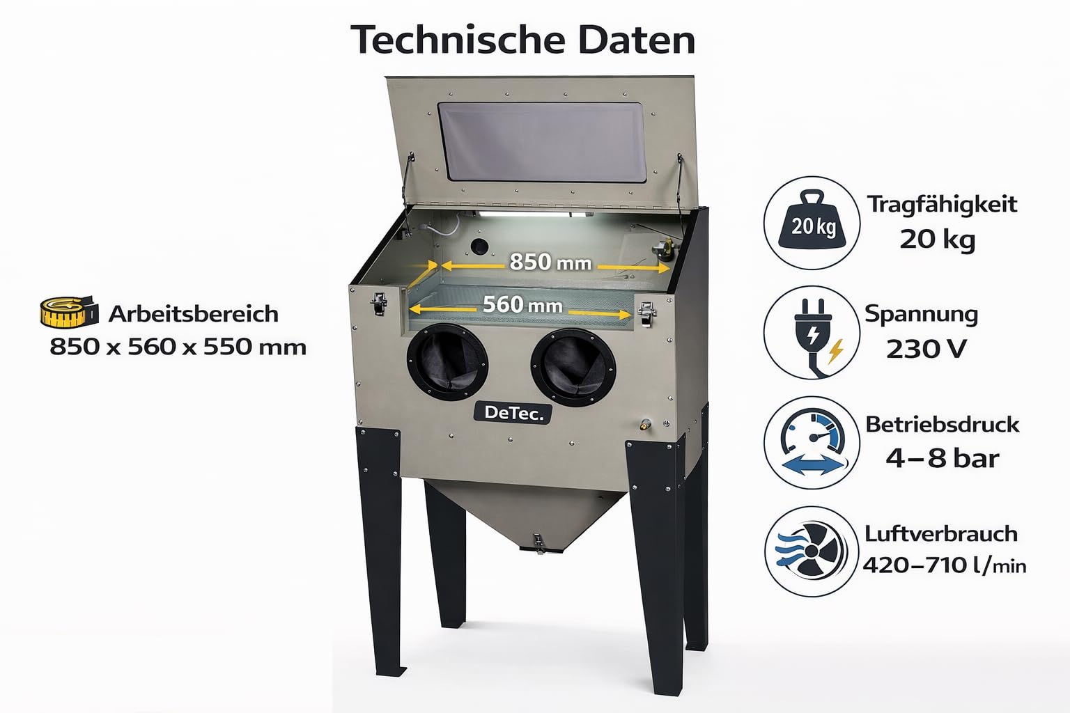 DeTec - Cabina de chorro de arena de 220 l para taller y garaje, 4-8 bar, 230 V, con iluminación, guantes y kit de boquillas, cabina de chorro