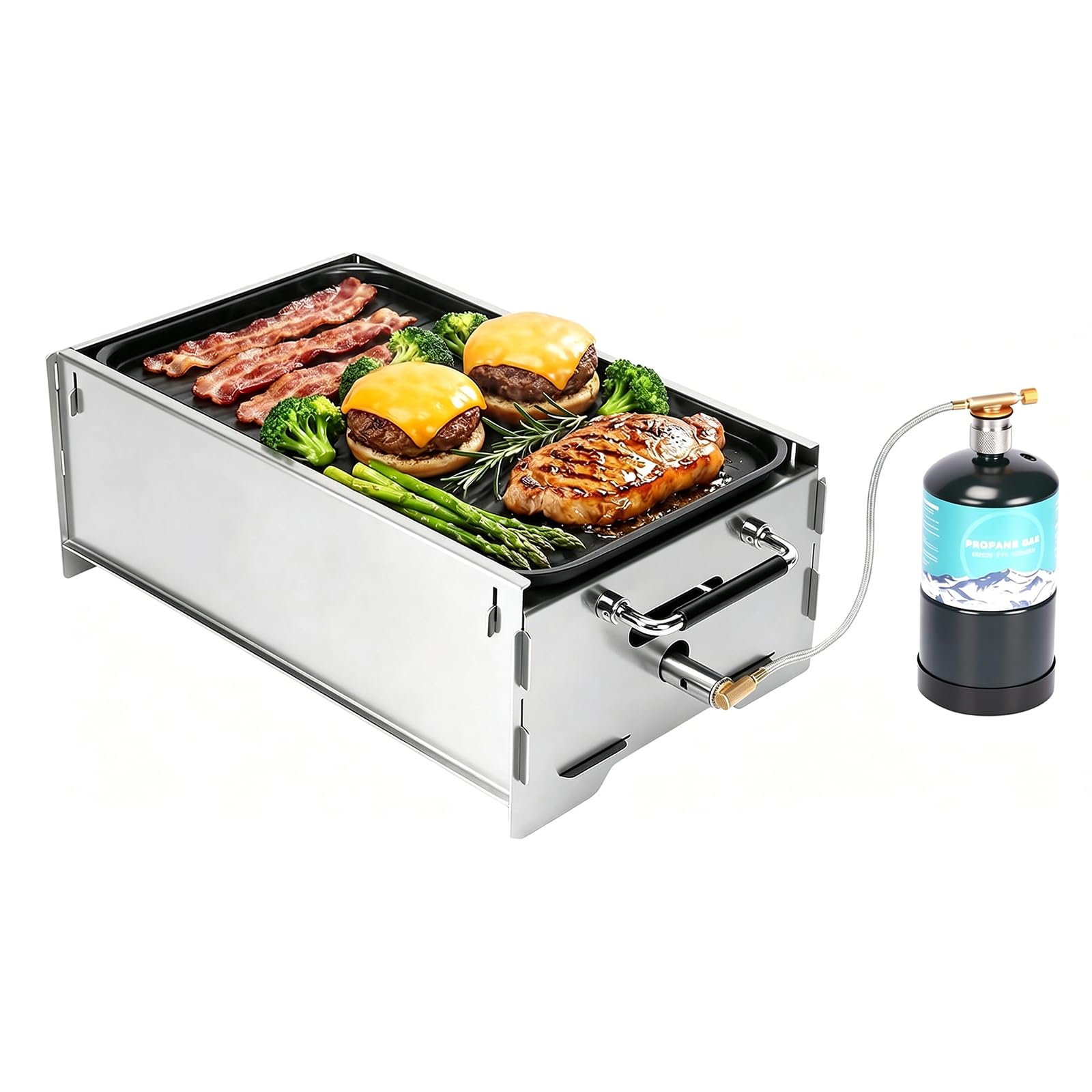 GFTIME Przenośny grill gazowy, grill kempingowy, zasilanie gazowe i węglowe wraz z żeliwną płytą grillową, torbą do przenoszenia, mobilny mały grill, idealny na kemping, do ogrodu, na balkon, do