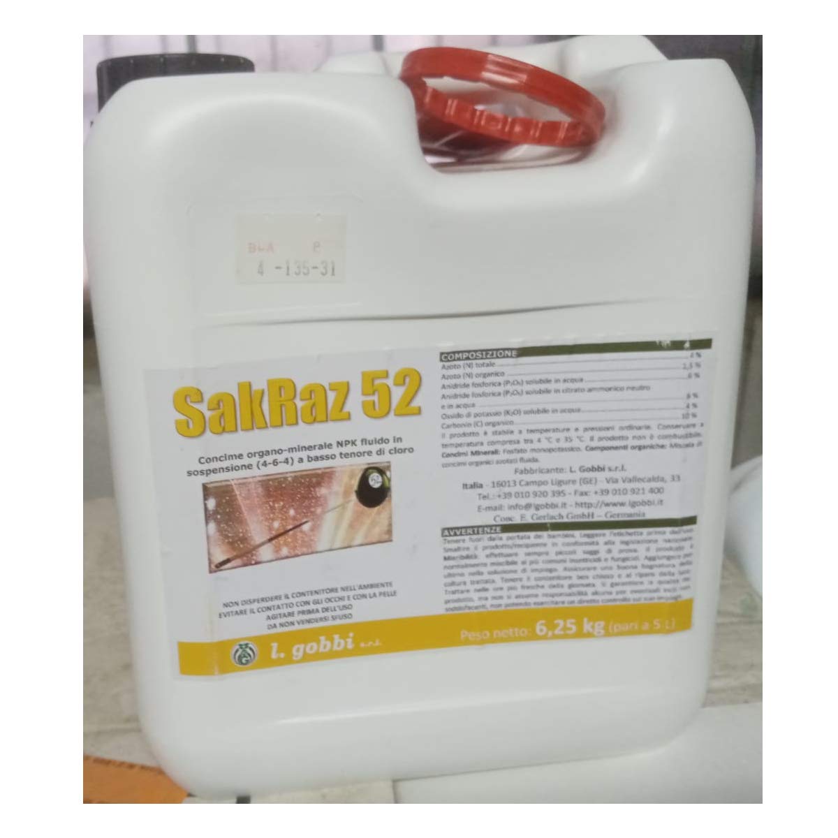 SakRaz 52 L.Gobbi Concime Organo-Minerale Fluido 4-6-4 tanica da 5 Litri