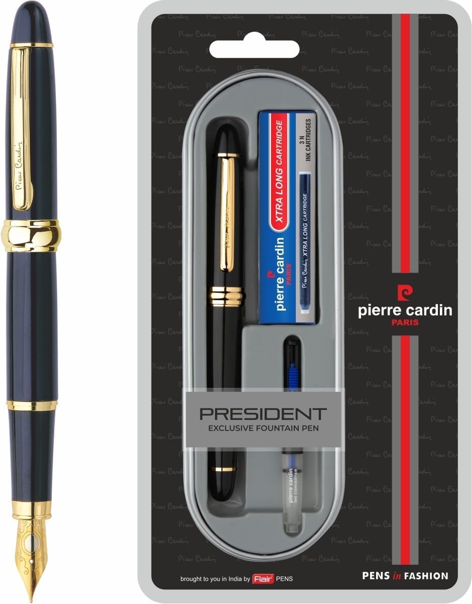 President Premium Fountain Pen | Luxurious Black Lacquer Finish Body with Golden Trims & Nib | Free Ink Converter & Cartridges | Ideal for Christmas, New Year & Corporate Gifting