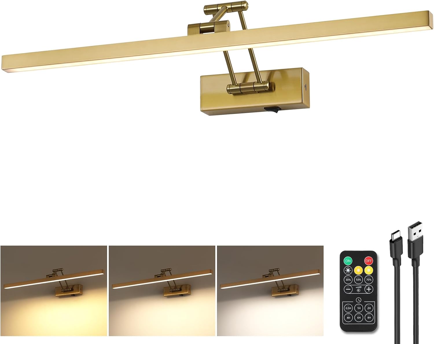 5W LED Wireless Picture Lights with Remote and Timer 23.6'' Inch Rechargeable Brass Gallery Lighting Battery Operated Art Lights Over Frame Portrait
