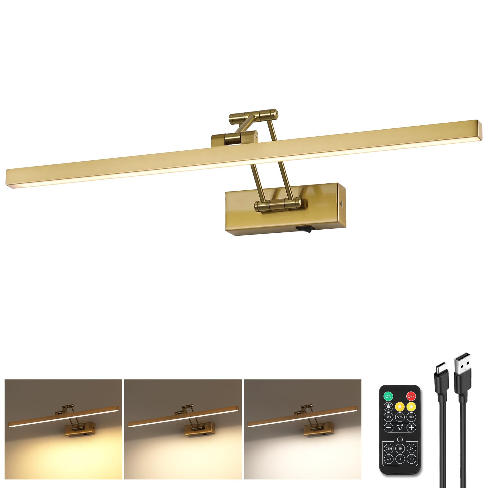 5W LED Wireless Picture Lights with Remote and Timer 23.6'' Inch Rechargeable Brass Gallery Lighting Battery Operated Art Lights Over Frame Portrait