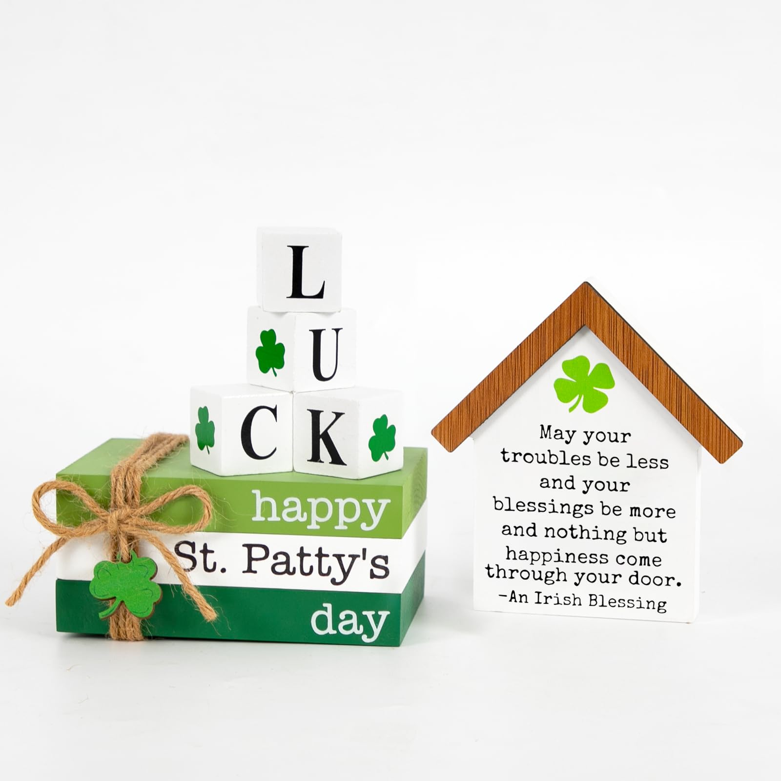 DAZONGE St. Patrick's Day Decorations, 6PCS St. Patrick's Day Tiered Tray Decor, Happy St. Patty’s Day Book Stack, Shamrock LUCK Blocks, St. Patrick's Day Signs for Home Table Shelf Decor