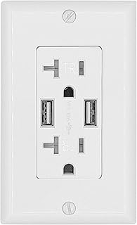 Decorative Duplex 20 Amp Tamper Resistant Receptacle with Dual USB Charger Ports, Childproof 20 Amp USB Outlet, Wallplate Included, UL Listed, Durable Construction, White