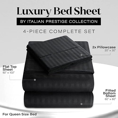Miniatura 2 de Queen Italian Prestige Collection Striped Bed Sheet Set  1800 Luxury Soft Microfiber Deep Pocket 4-Piece Bedding Set - Wrinkle Stain Fade Resistant