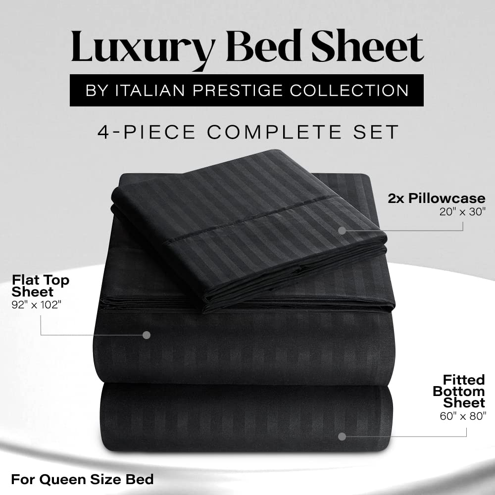Queen Italian Prestige Collection - Set di lenzuola a righe in microfibra morbida di lusso, con tasca profonda, 4 pezzi, resistente alle pieghe, alle macchie, allo sbiadimento, colore: nero