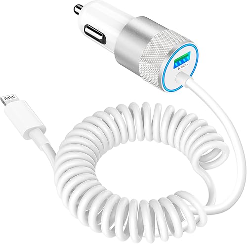 MFi CertifiediPhone Car Charger Fast Charging, Braveridge 66W Dual USB-C PD&QC3.0 Power Cigarette Lighter USB Car Charger with 6FT Coiled Lightning