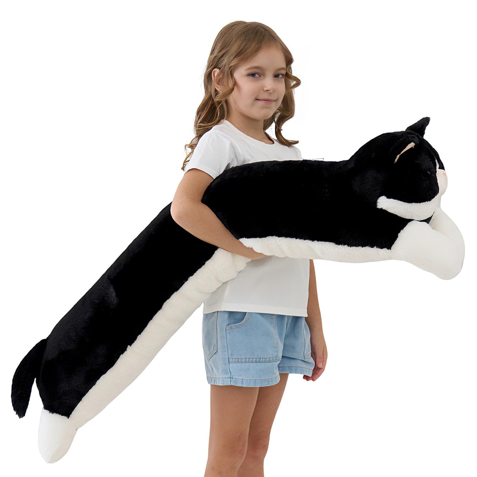Dalmao Gato de peluche blanco y negro de 120 cm de alto, largo como cojín de abrazo/cuerpo, peluche suave para niños y adultos
