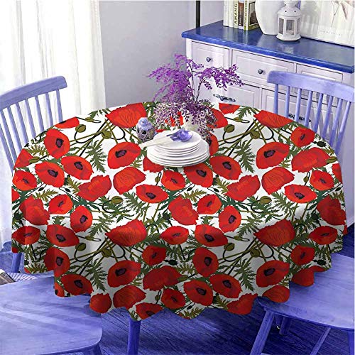 Mantel redondo multicolor de amapola con flores abstractas con flores de jardín Ramos botánicos prados orgánicos decorados cocina diámetro 47 pulgadas verde rojo blanco