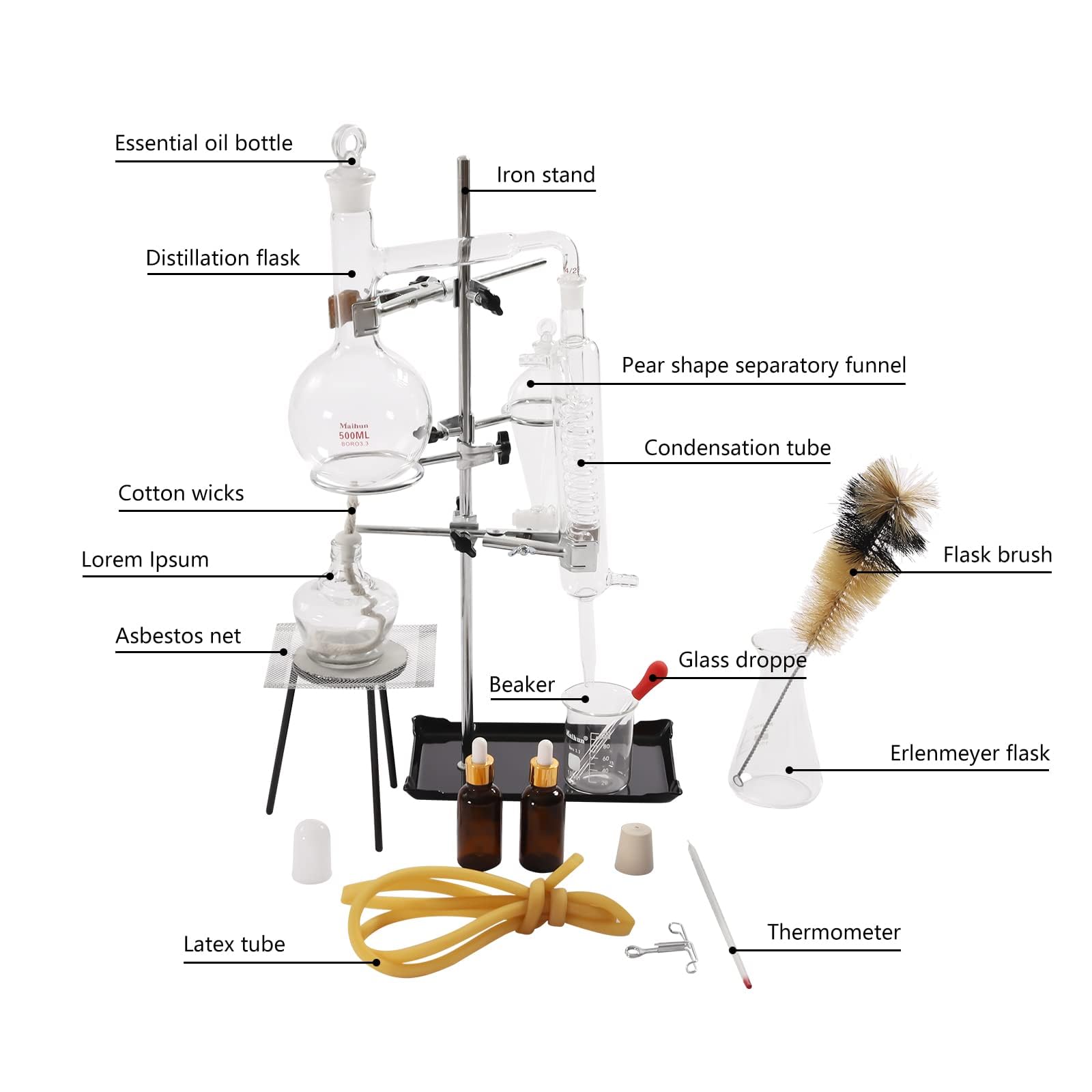 Aparato De Destilación De Laboratorio, Aparato De Destilación De Extracción De Aceite Esencial De Laboratorio De 500 Ml, Kit De Cristalería De Laboratorio De Química, Para Destilación, Separación