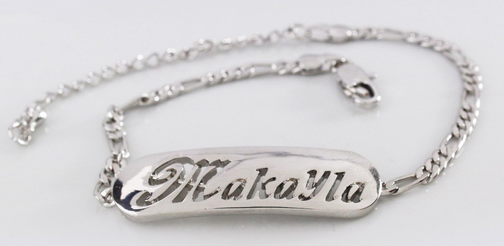 Zacria Name Bracelet Makayla - White Gold Plated 18ct Personalised Bracelet. 10" Figaro Chain with Gift Box and Gift Bag. 2mm Thick Nameplate.
