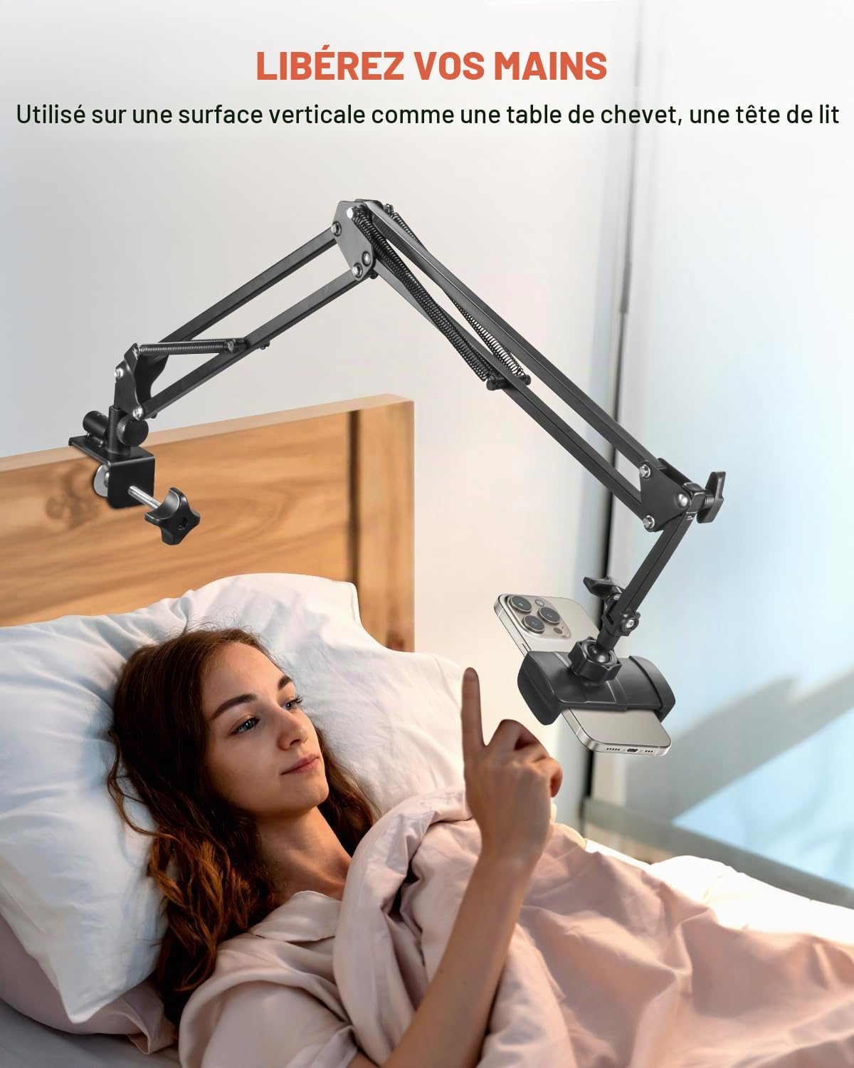 Support de téléphone portable pour lit Bras long flexible pour iPhone 15, 14, Pro Max, SE, 13, 12, 11, X, XS, 8, 7, Galaxy S23, S22, et smartphones de 4 à 7