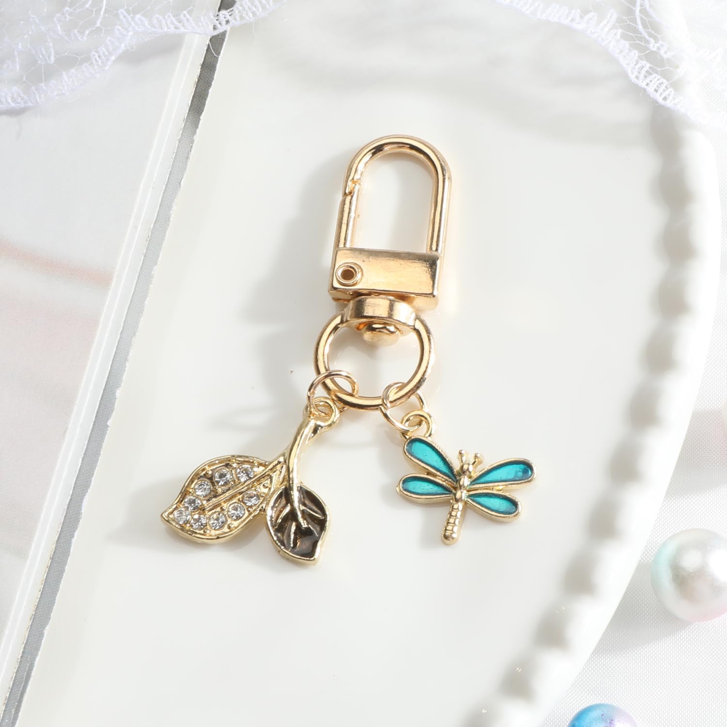 Dragonfly Keychain,Crystal Keychain with Rhinestone Leaf,Sparkling Nature Gift for Women Friends Birthday Christmas image 2