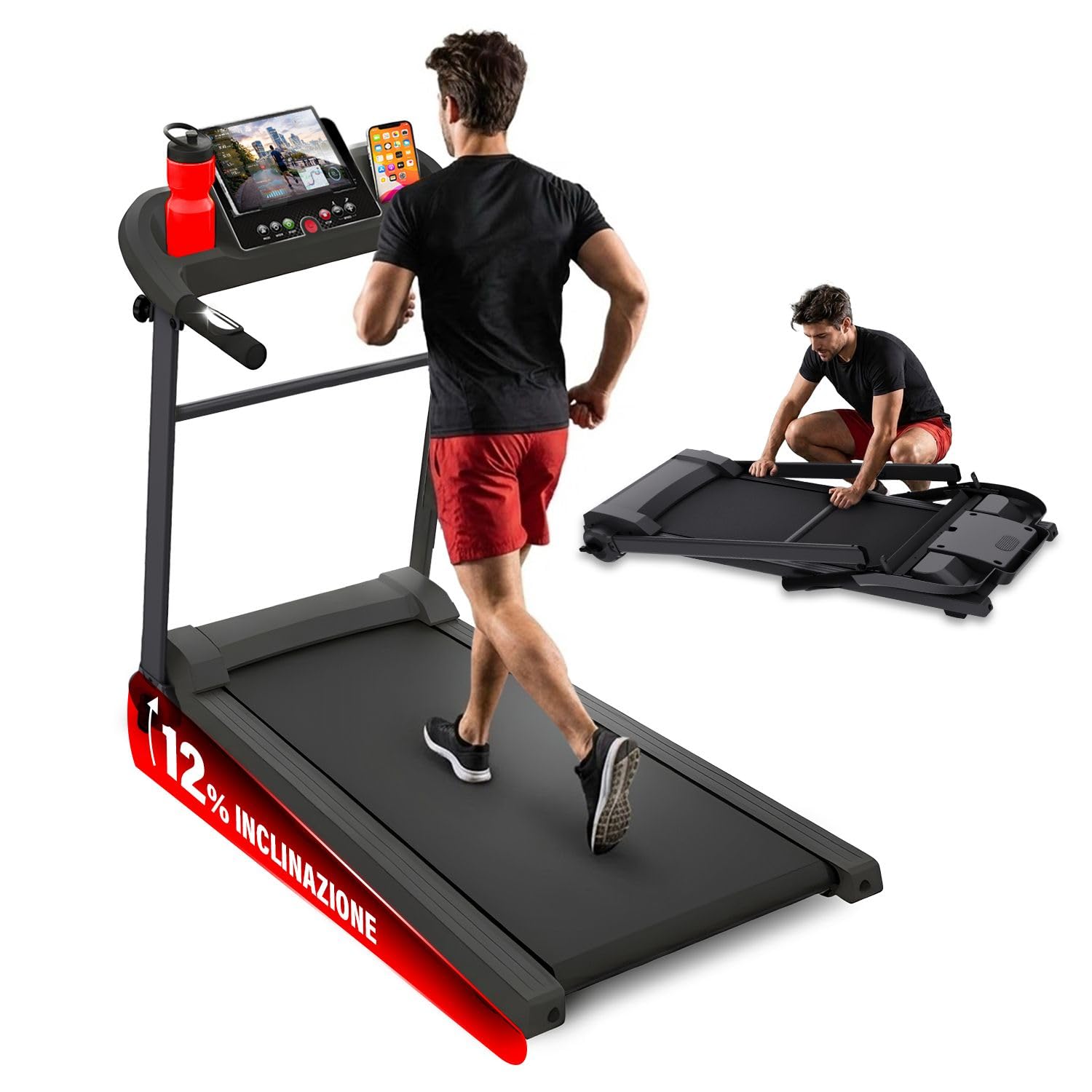 YM Tapis Roulant Elettrico Pieghevole 12 km/h, MARCHIO ITALIANO, Inclinazione, Salvaspazio, Tappeto Corsa MAXI, Telaio rinforzato, Display, Supporto Tablet, ASSISTENZA e GARANZIA ITALIA Your Move