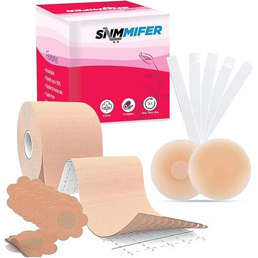 SNMMIFER Boob Tape Kit - Instant Boob Tape with 10 Nipple Pasties for Fashion with 36 Strips Double Sided Tape for Clothes &1 Pair Reusable Nipple Cover for Women (Beige)