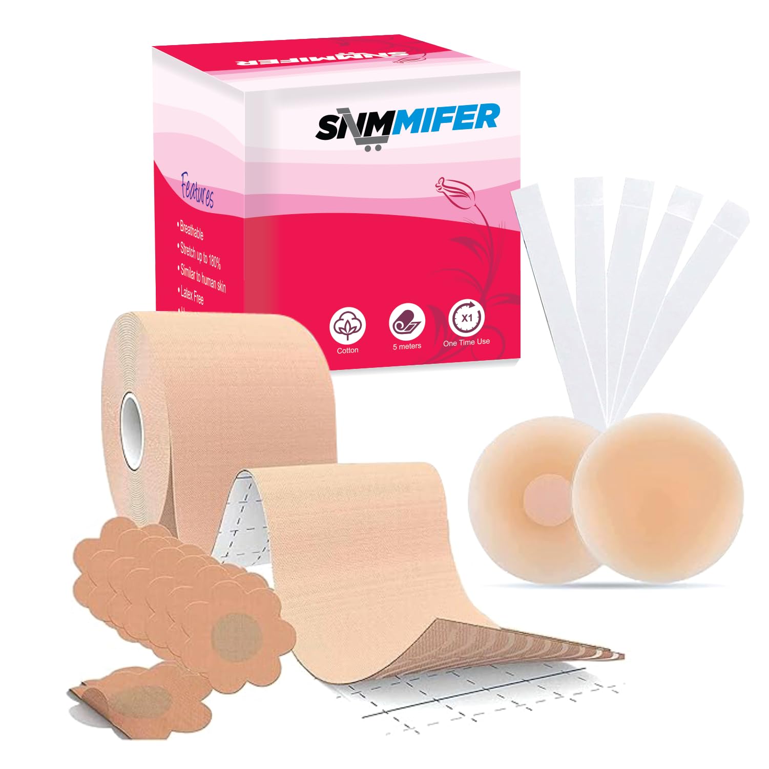 SNMMIFERBoob Tape Kit - Instant Boob Tape with 10 Nipple Pasties for Fashion with 36 Strips Double Sided Tape for Clothes &1 Pair Reusable Nipple Cover for Women (Beige)