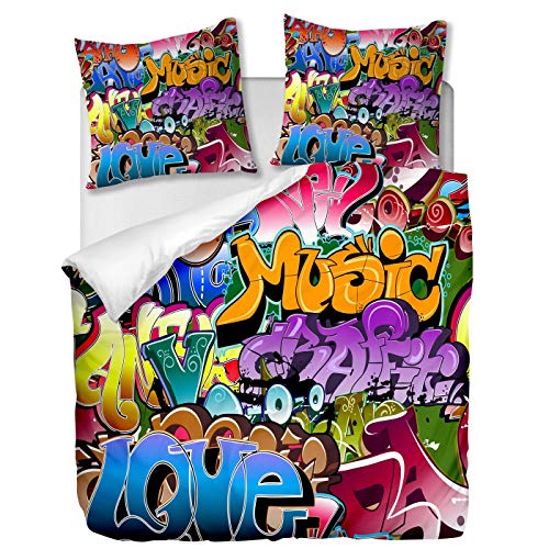 OliveSleep Parure de lit 3 pièces avec Housse de Couette et taies d'oreiller,Art du Graffiti,240 x 220 cm / 65 x 65 cm x 2,Multi 28