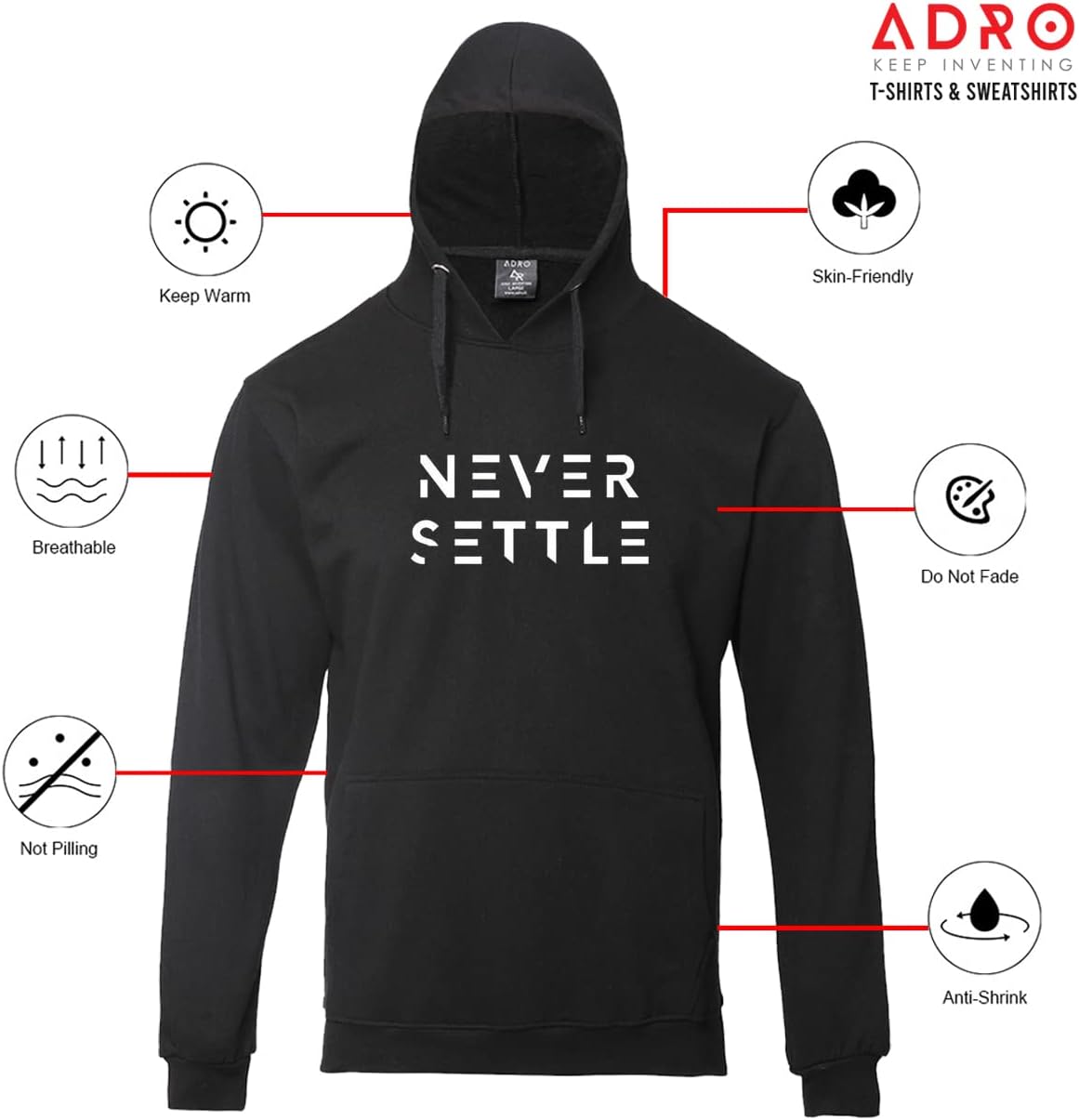ADRO Never Settle Men's Printed Cotton Hoodie