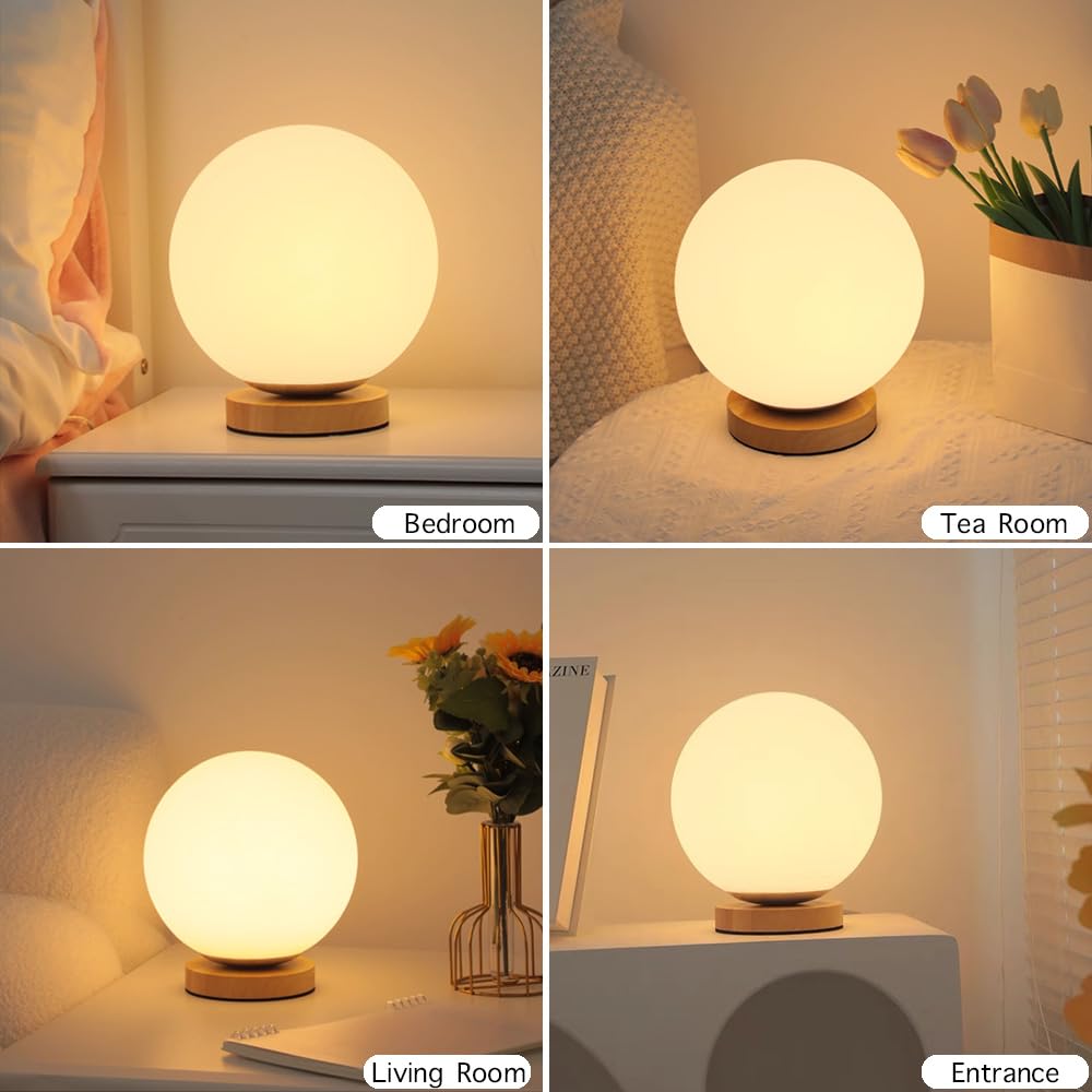 Lampada da Tavolo con Paralume A Sfera in Vetro Bianco, Dimmerabile, con Ricarica USB, Moderna Luce Notturna con Base in Legno Soggiorno, Arredamento per La Casa E Ufficio.