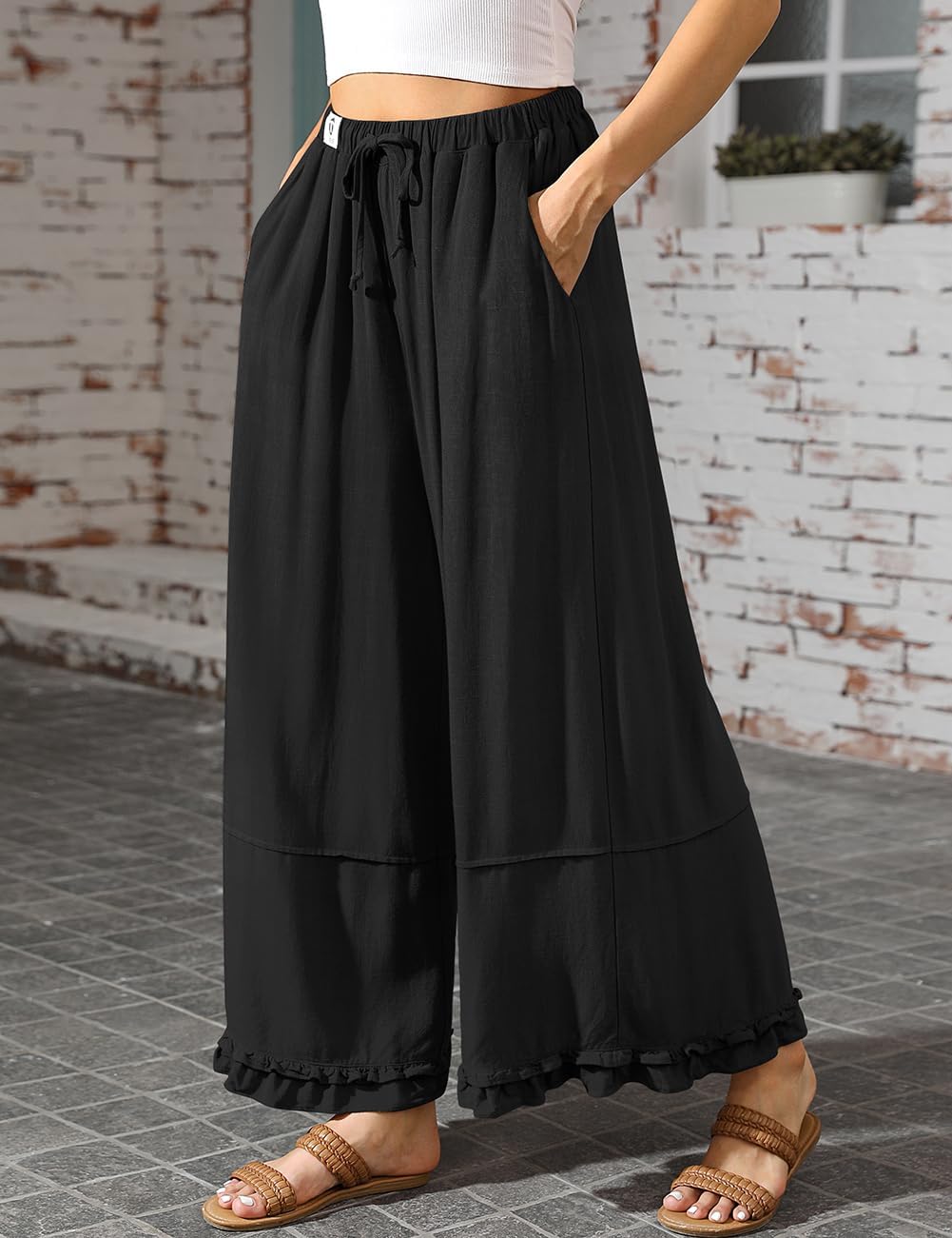 TARSE Womens Linen Palazzo Pants Ruffle Wide Leg Cropped Flowy Drawstring Casual Loose Summer Beach with Pockets - Image 5