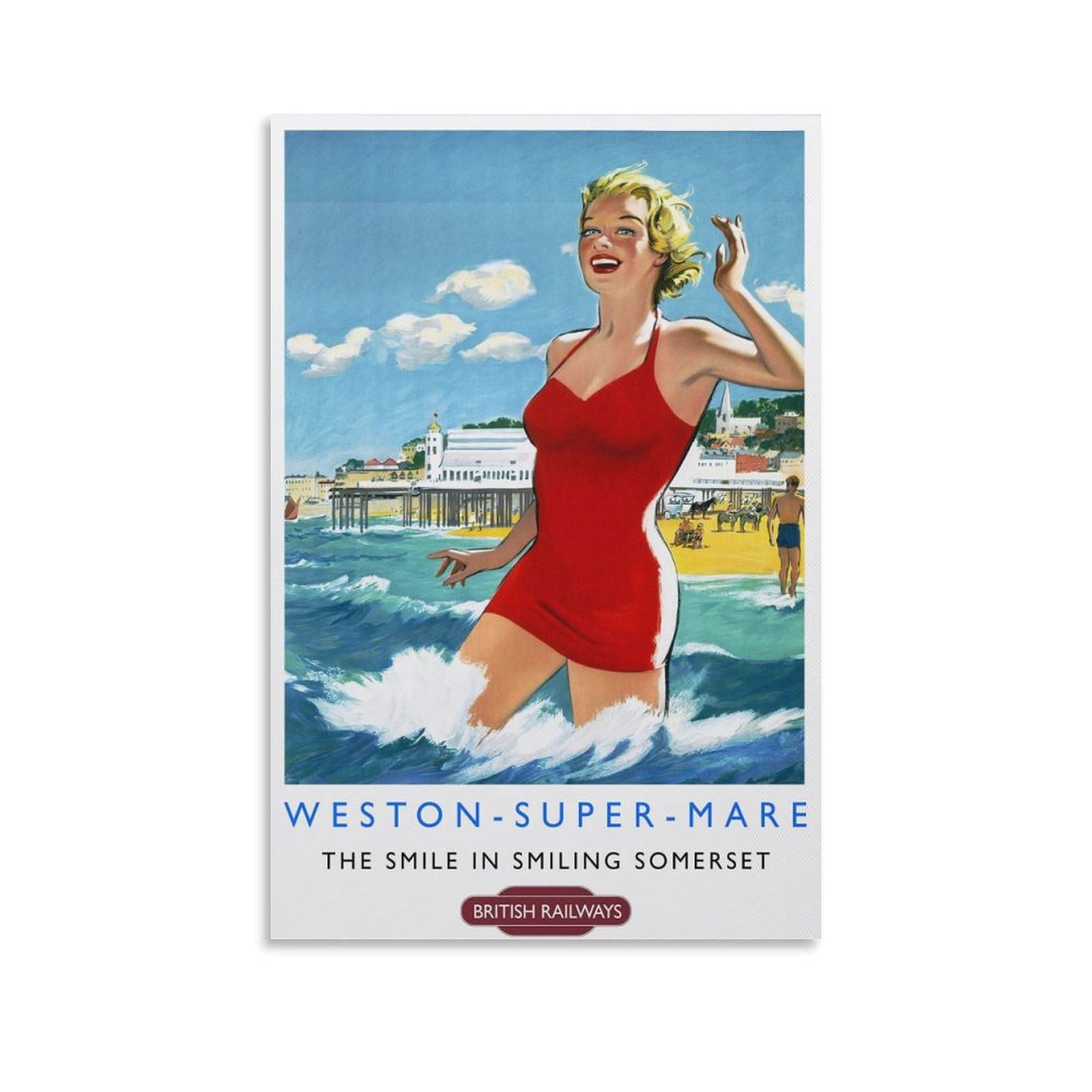 FUPMTKLT Weston-Super-Mare British Railways Travel Beach Pier Seaside Canvas Poster Bedroom Decor Landscape Office Room Decor Gift 08x12inch(20x30cm)
