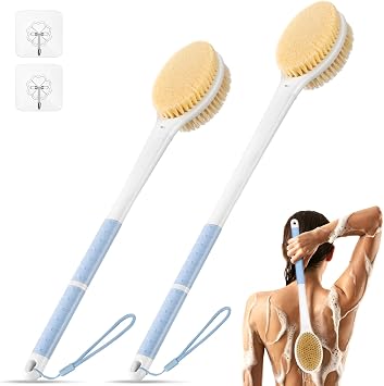 Back Scrubber Body Shower Brush Anti Slip Long Handle Bath Brush with Stiff and Soft Bristles - Showering Exfoliator for Women, Men, Elderly Blue