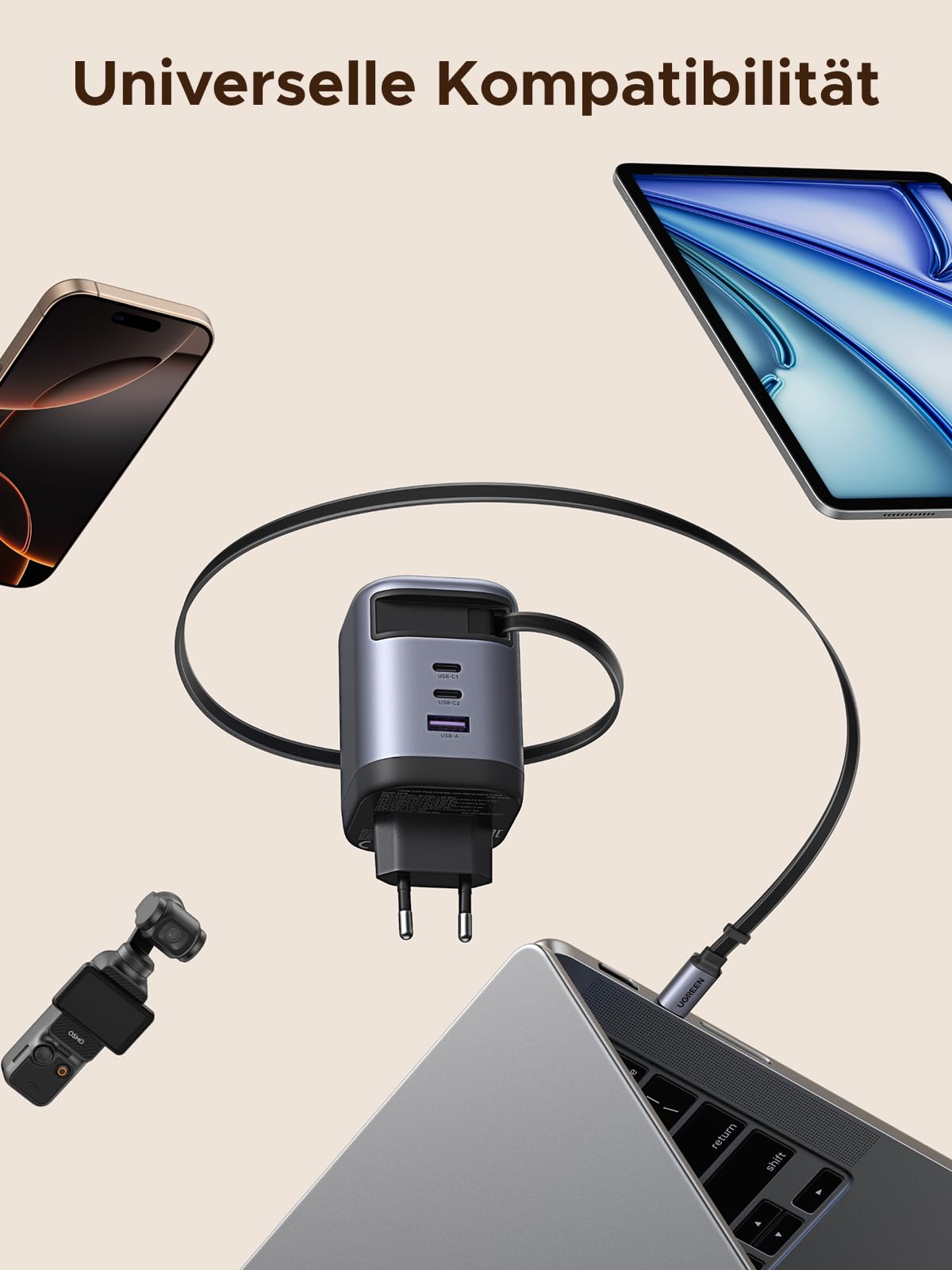 UGREEN Nexode 100W USB C Ladegerät mit Einziehbarem Kabel 4-Port GaN Netzteil Retractable Charger mit Ladekabel für Laptop kompatibel mit MacBook Pro/Air, Galaxy S-A Serie, iPhone 16-8 Serie, iPads