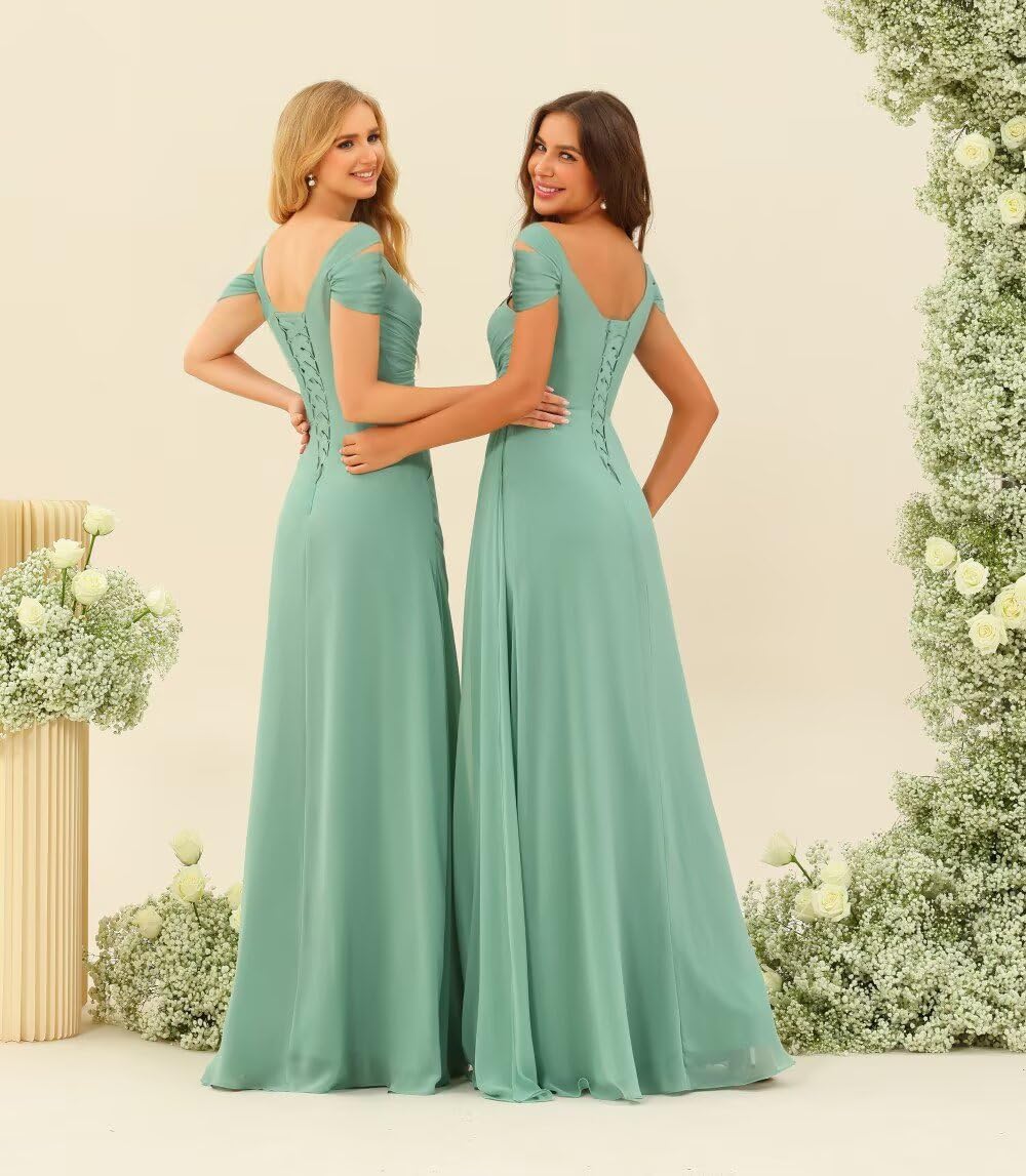 HUINI Off-Schulter Brautjungfernkleid A-Linie V-Ausschnitt Lange Chiffon formelle Abendkleider mit Schlitz