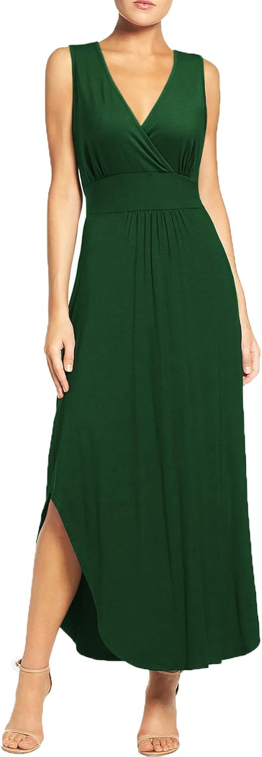 WOOSEA Women Sleeveless Deep V Neck Pocket Loose Long Dress Split Maxi Casual Dresses