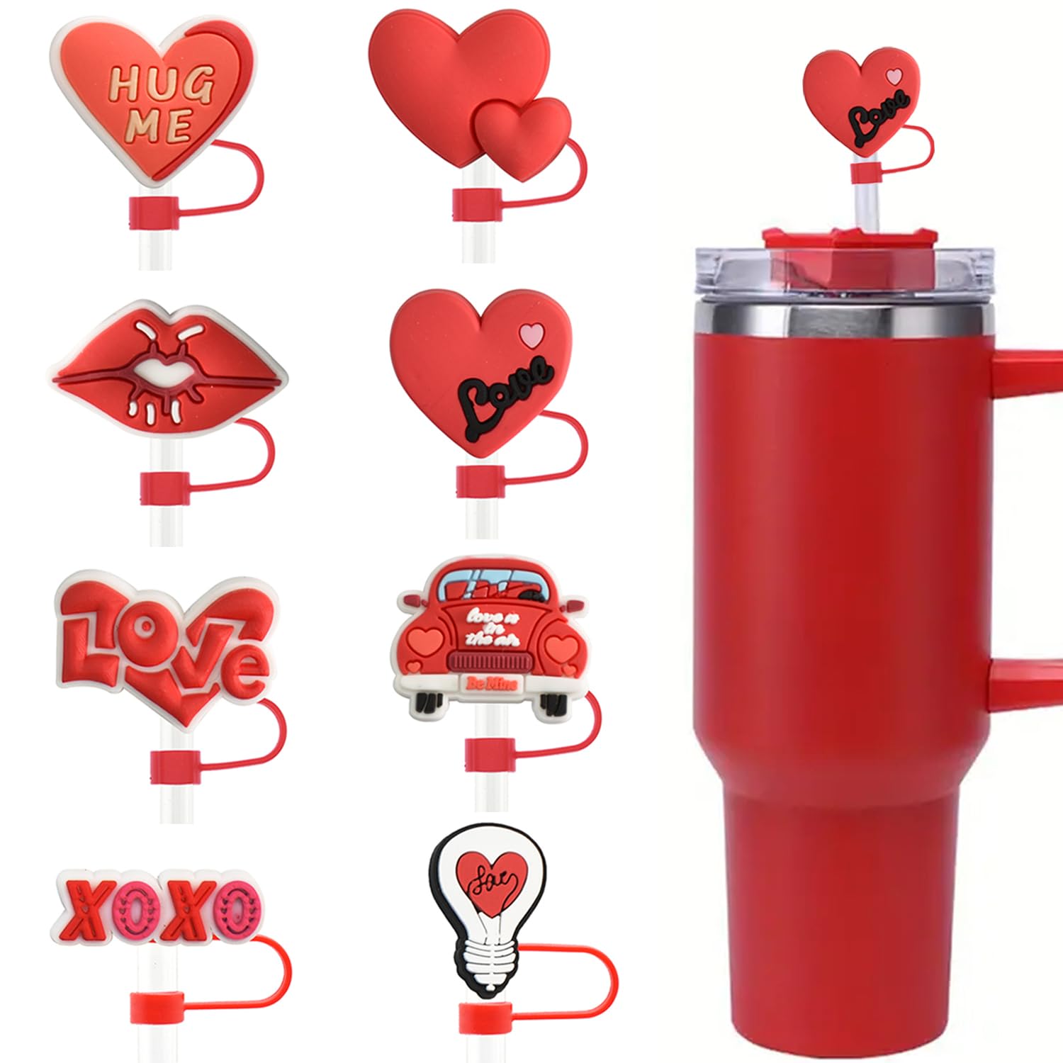 Heart Stanley Straw Cover 8Pcs Red Straw Cover Cap 10mm Cute Silicone Straw Tips Covers Valentines Day Straw Toppers Reusable Stanley Cup Accessories Love Heart Car Lip Design Drinking Straw Cover Set