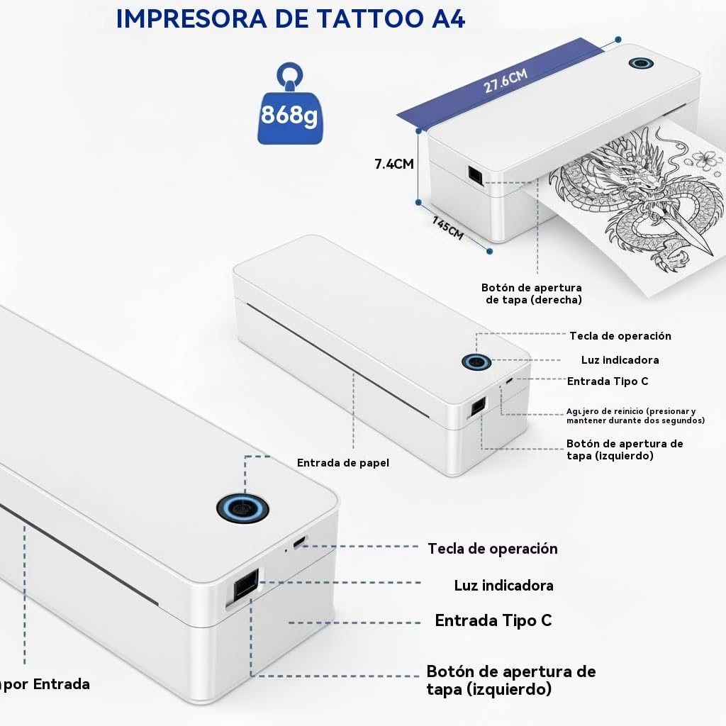 A401 Impresora de Plantillas para Tatuajes Bluetooth, 300DPI Impresora Térmica Portátil para Transferencias y Papel A4, Inalámbrica para Principiantes y Profesionales
