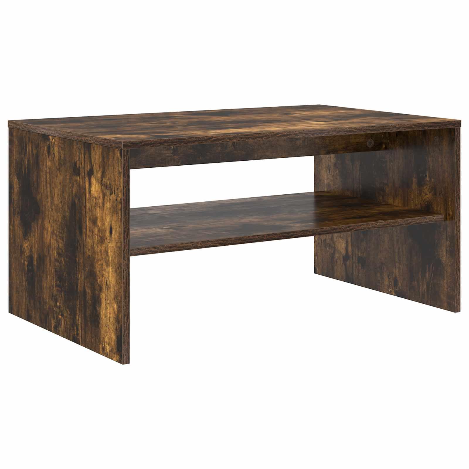 Stolik kawowy wędzony dąb 80 x 50 x 40 cm materiał drewnopochodny z półkami i prostokątnym wzorem do salonu
