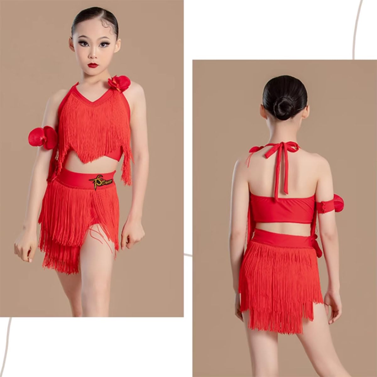Abito con Frange per Bambine Gonna da Ballo per Bambini per Salsa Cha Cha Tango Top Costume da Ballo Abito da Allenamento per Spettacoli(140Cm)