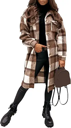 PUWEI Women's Long Flannel Plaid Jacket Shacket Cozy Lapel Button Down Shirt Jacket Fuzzy Trench Coat