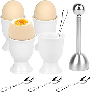 9 Pcs Egg Cups and Egg Cracker Set, Egg Cracker Set for Soft Hard Boiled Eggs, Egg Cracker Topper Kits 1 Stainless Steel Egg Topper Cutters 4 Stainless Steel Spoons 4 Ceramic Egg Cup