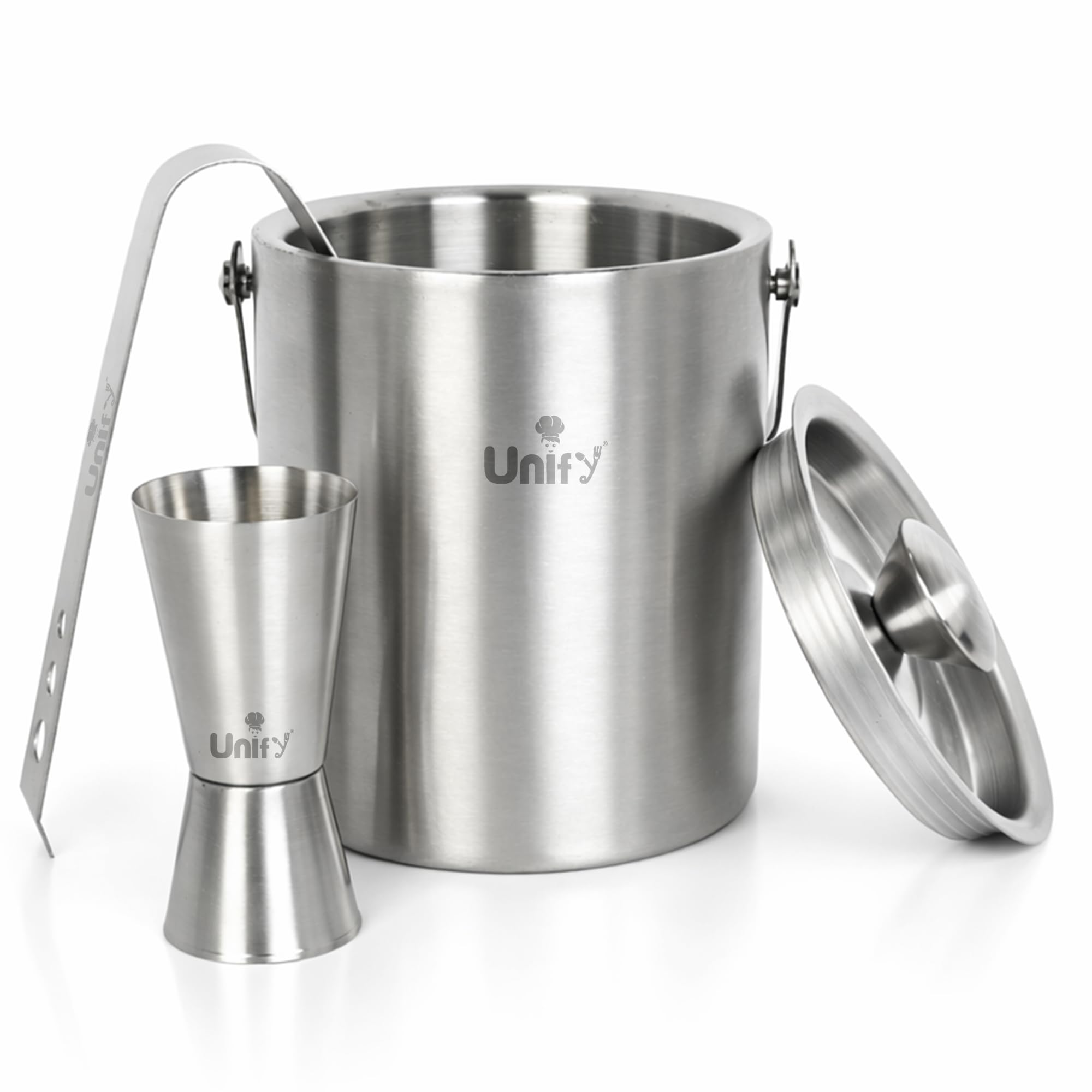Unify 4 Pieces Stainless Steel Double Wall Ice Bucket with Lid, Ice Tongs & Double Sided Jigger | Insulated Ice Bucket for Home Bar, Parties & Cocktails | Leak Proof, Food Grade Bar Accessories-image-4