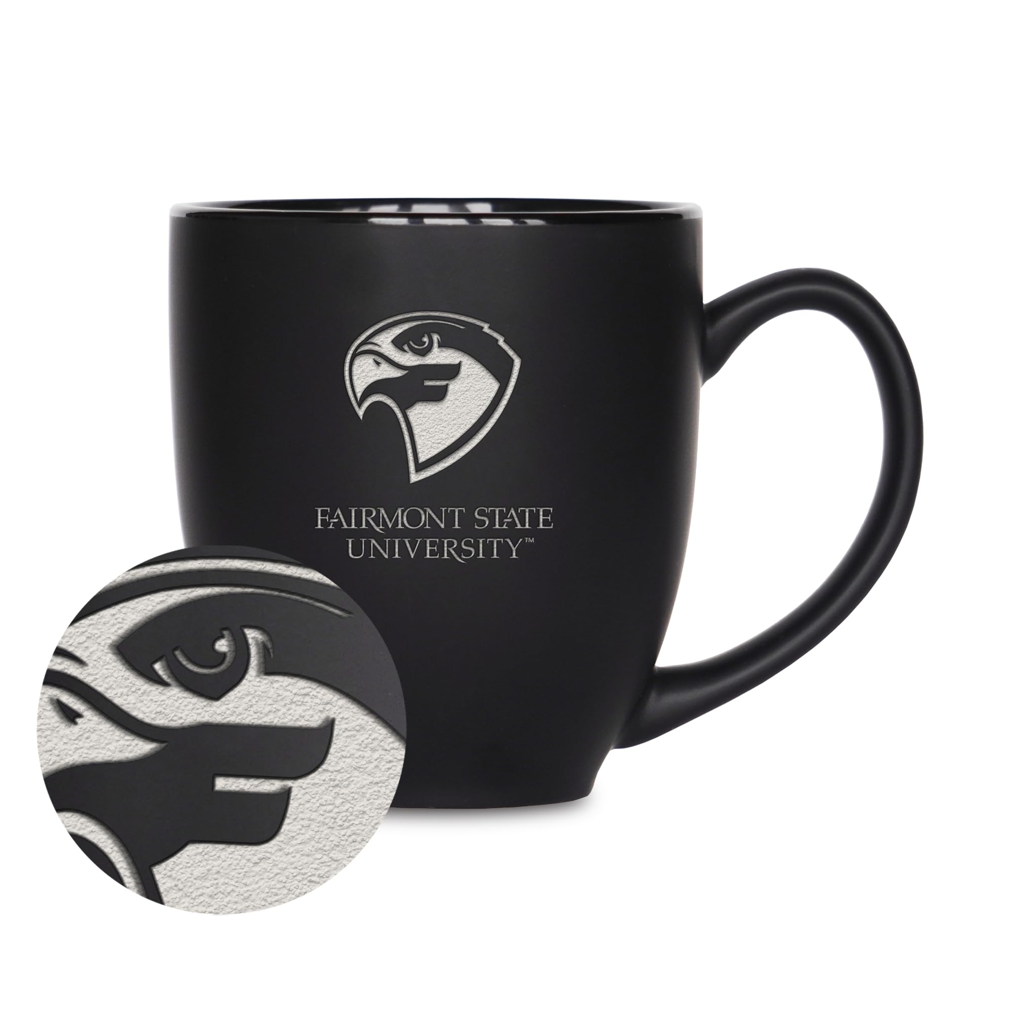 Tasse Fairmont State Falcons en céramique noire gravée laser pour boisson chaude