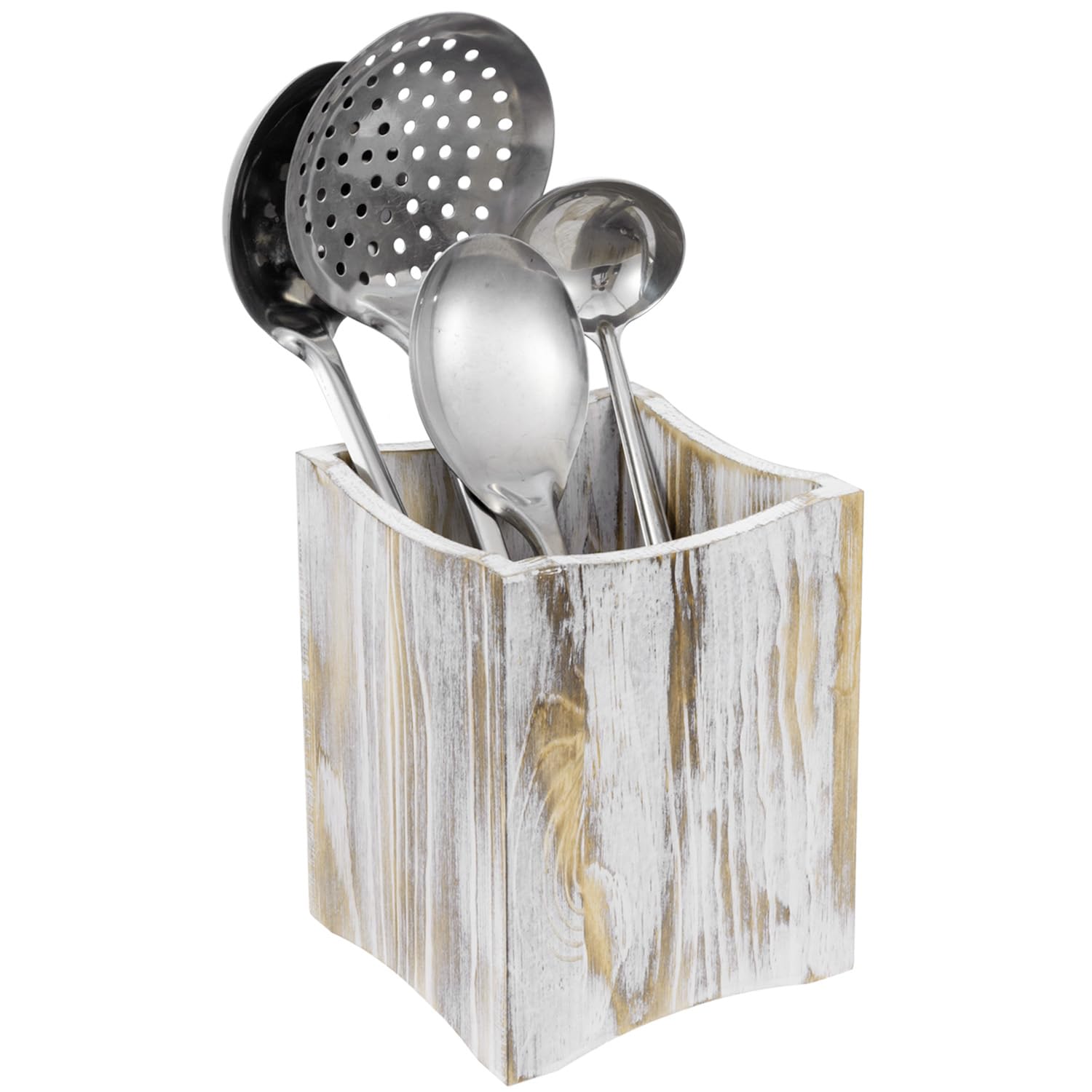 MyGift Shabby Whitewashed Solid Wood Utensil Crock with Square Bottom and Curved Edges, Wooden Farmhouse Kitchen Countertop Cooking Tools Holder Storage Caddy