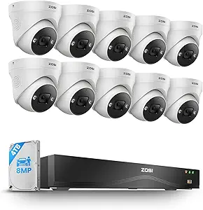 ZOSI 24CH 4K PoE Security Camera System,16 Port 24CH 8MP Dual-Disk NVR with 4TB HDD,Face/Person/Vehicle Detection,2 Way Audio,Night Vision,10pcs 4K Indoor Outdoor PoE IP Cameras,for 24/7 Recording asin的图片