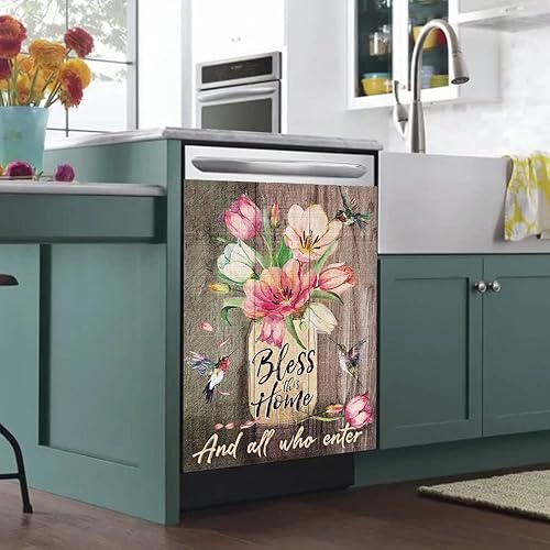 Miniatura 3 de OEME Cubierta magnética para lavavajillas con diseño de flores de primavera, calcomanías de vinilo autoadhesivas para decoración de pájaros,